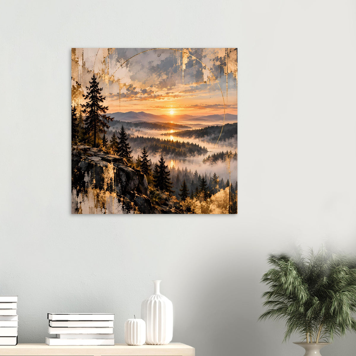Landschaftsposter mit Sonnenuntergang, Waldkiefern und Nebeltal