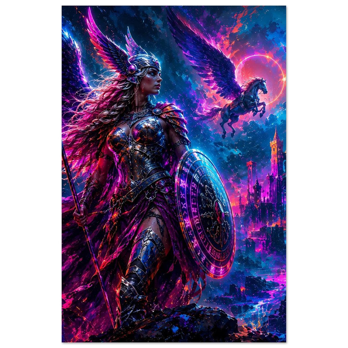 Vertikales Fantasy-Poster mit Valkyrie-Kriegerin, Schwert in der Hand und Rundschild
