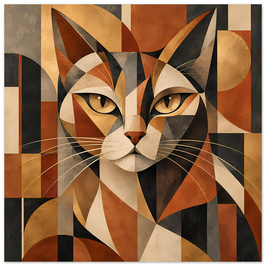 Geometrisches Katzenporträt-Poster: polygonale Katze in warmen Erdtönen mit Augen und Schnurrhaaren.