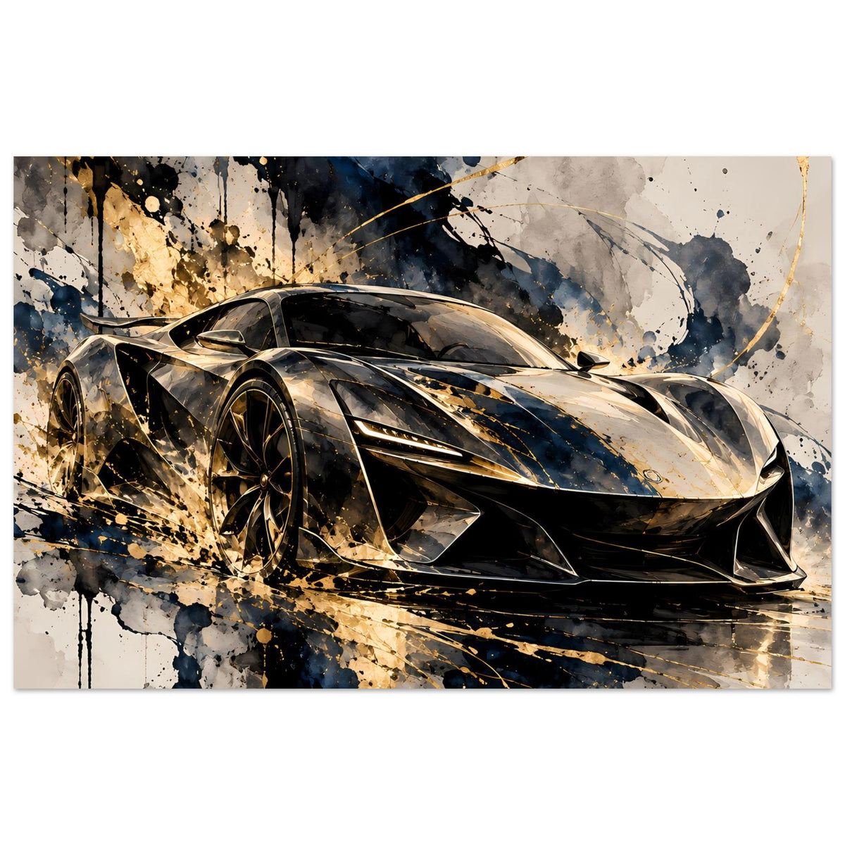 Poster mit Supersportwagen im Schwarz-Gold-Look, seitliche Frontansicht, Spritzdesign