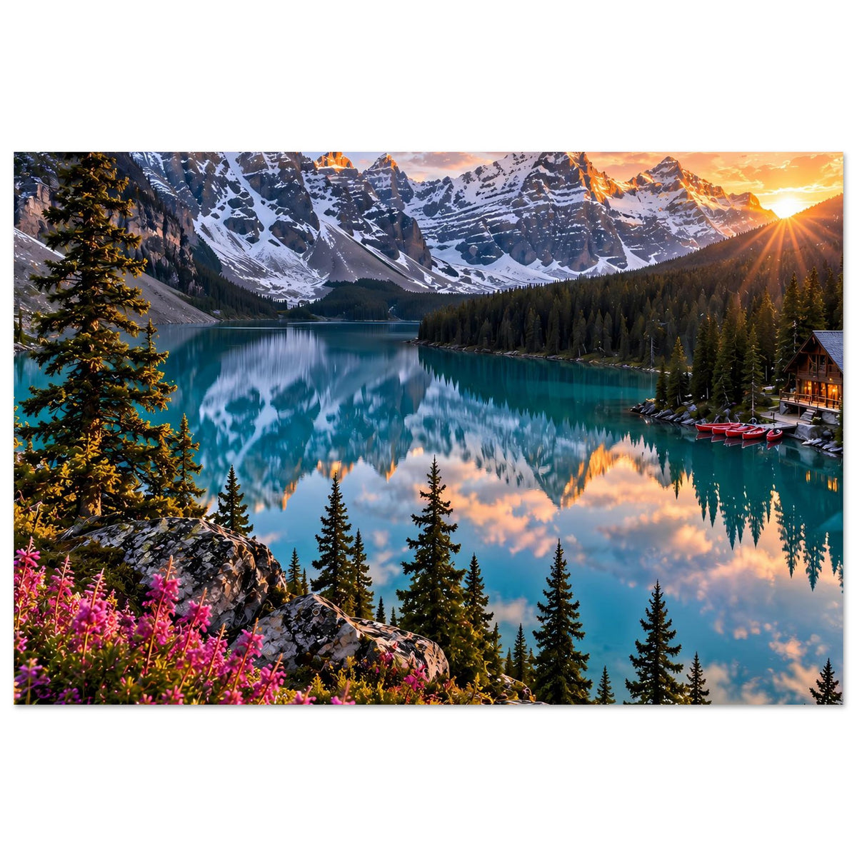 Wandposter mit türkisem Bergsee, Spiegelung, Gebirge, Fichten und Sonnenaufgang