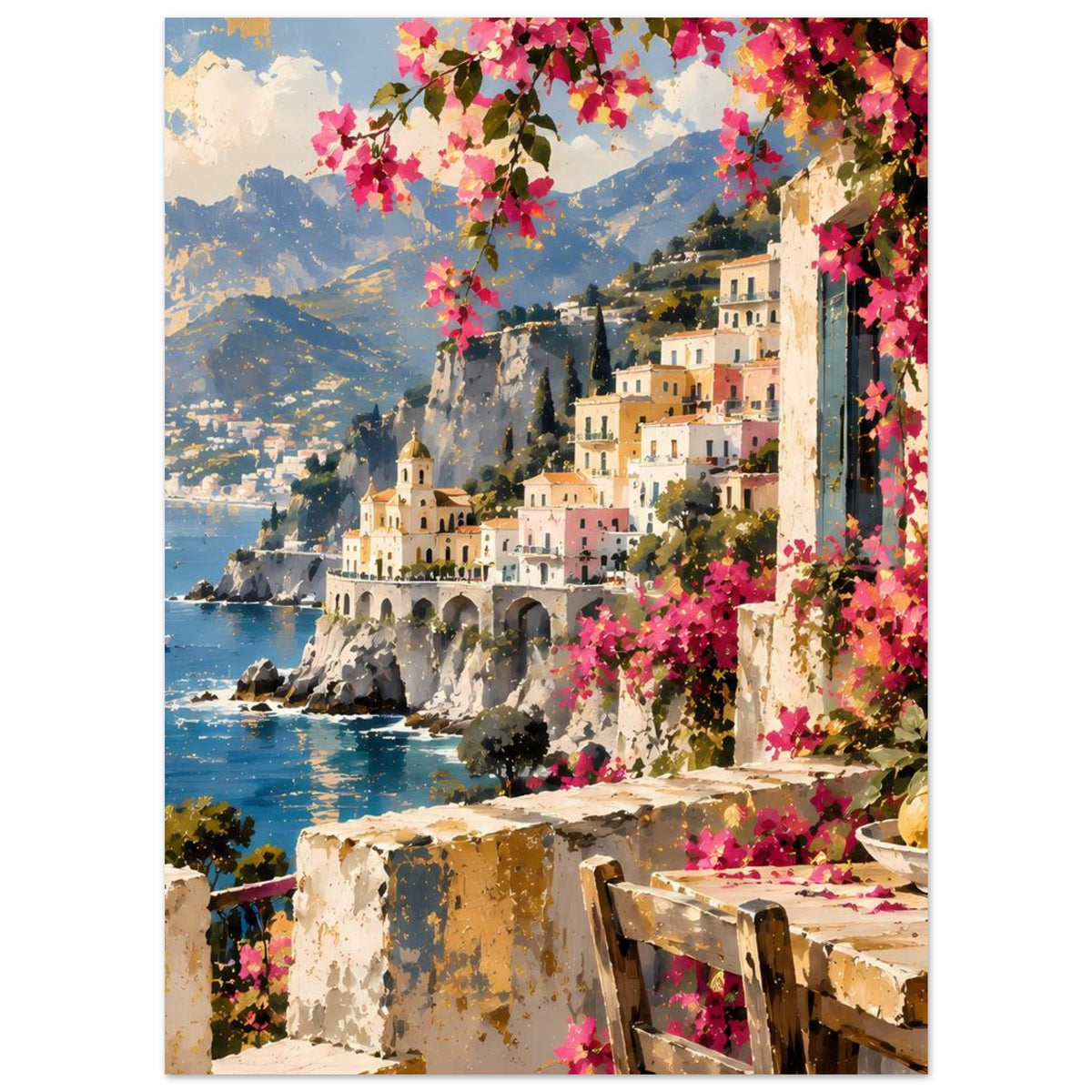 Mediterranes Küstenposter (hochformat): Meerblick, felsige Küste und rosa Blüten an der Wand.