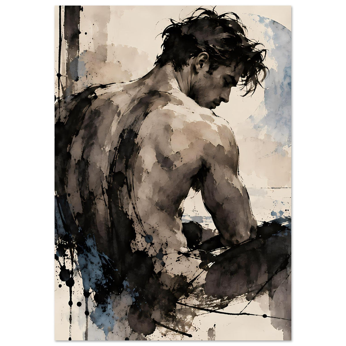Kunstdruck Rückenansicht eines nackten Mannes, vergrößerter Ausschnitt, sepia und blau
