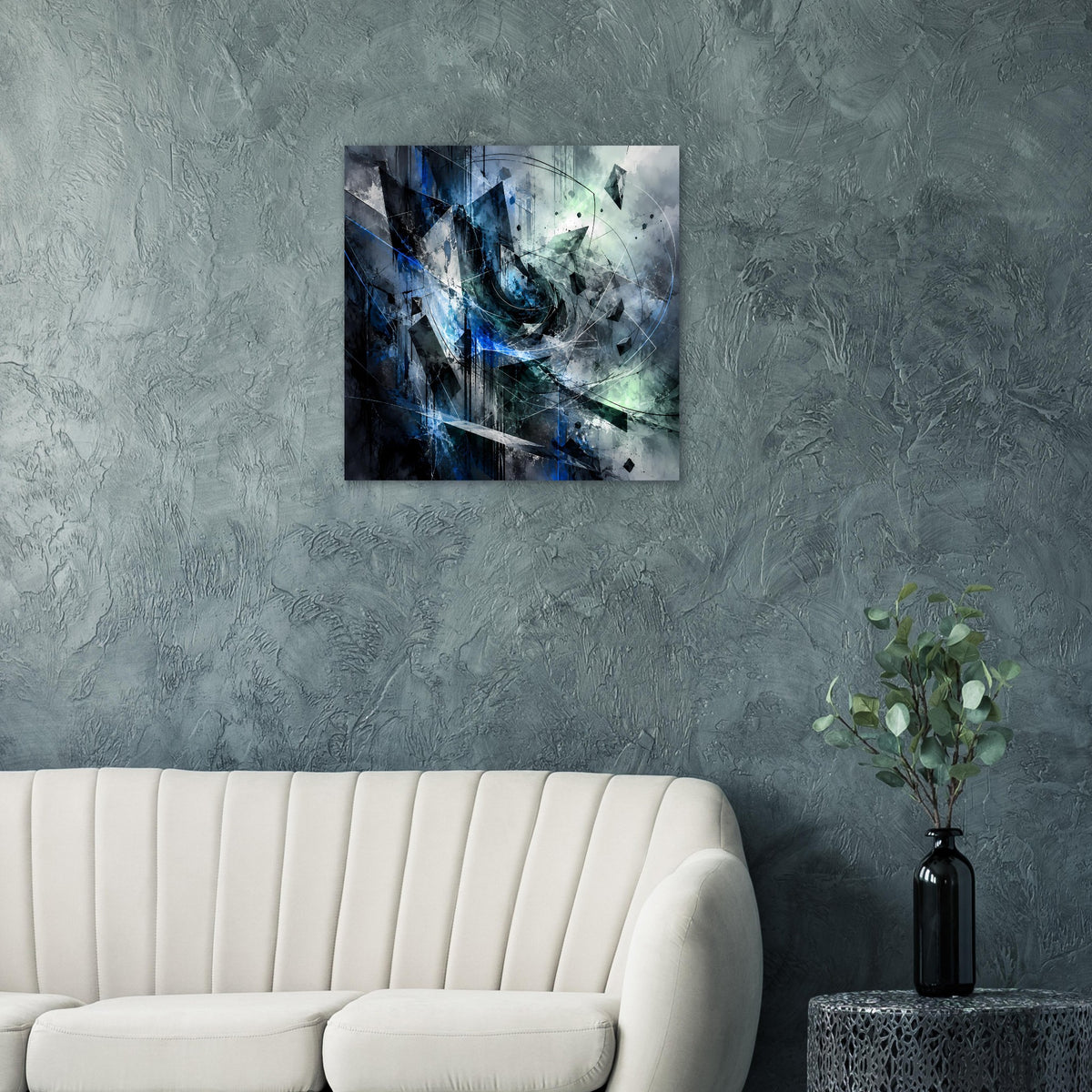 Abstraktes Kunstposter mit blauem Wirbel, grünlich-grauen Elementen und schwarzen Details