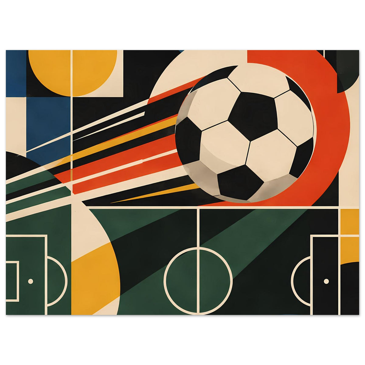 Geometrisches Fußball-Sportposter mit Ball und abstrahierten Toren, Streifen und Rechtecken.