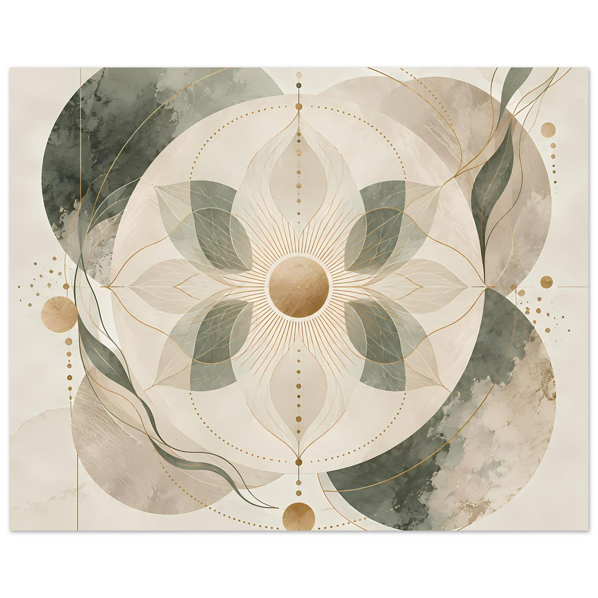 Querformatiges Mandala-Poster mit beige-grüner Komposition und goldenen Punkten am Rand