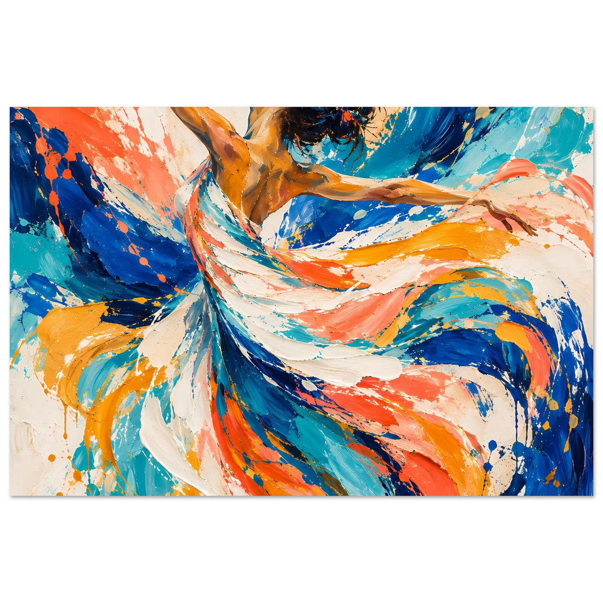Kunstposter im Querformat mit abstraktem Tänzerinnenmotiv, Sprüh- und Pinselspuren in Blau/Orange.
