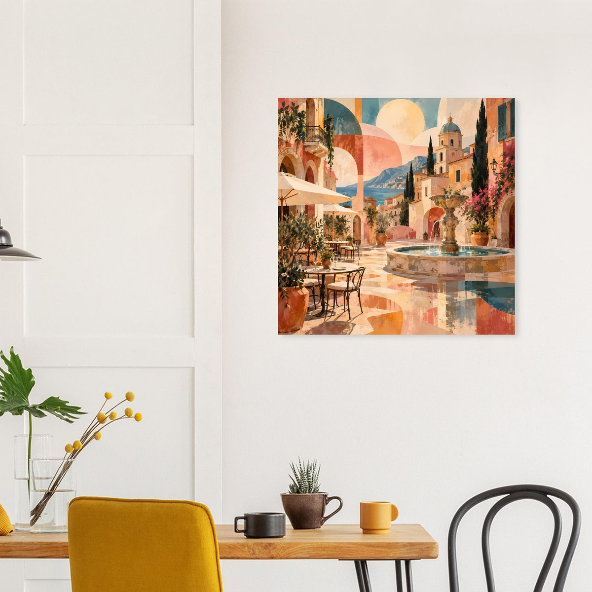Quadratisches Poster mit mediterraner Gasse und Brunnen, Häuser mit warmen Pastellakzenten