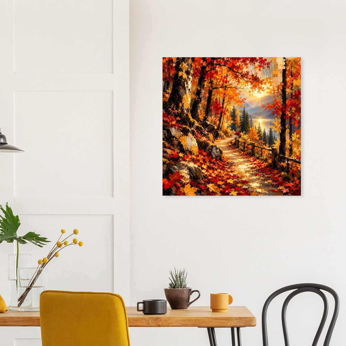Quadratisches Wandposter mit Pfad durch den Herbstwald, warmes Leuchten am Horizont