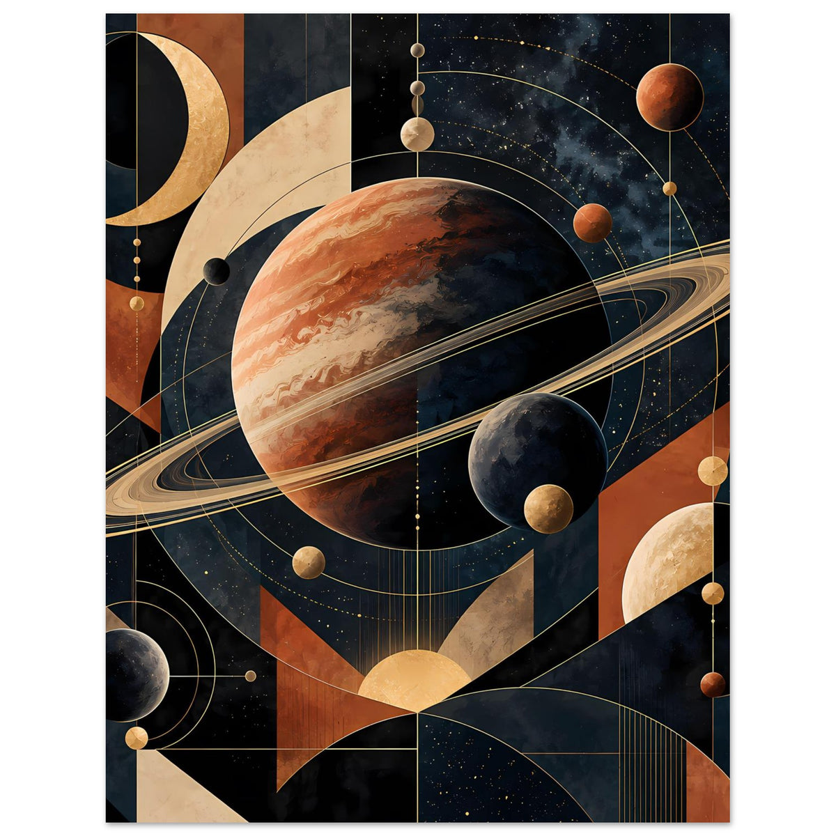 Quadratisches Poster mit Planet, Saturnring und umlaufenden Kreisen in warmen Erdtönen