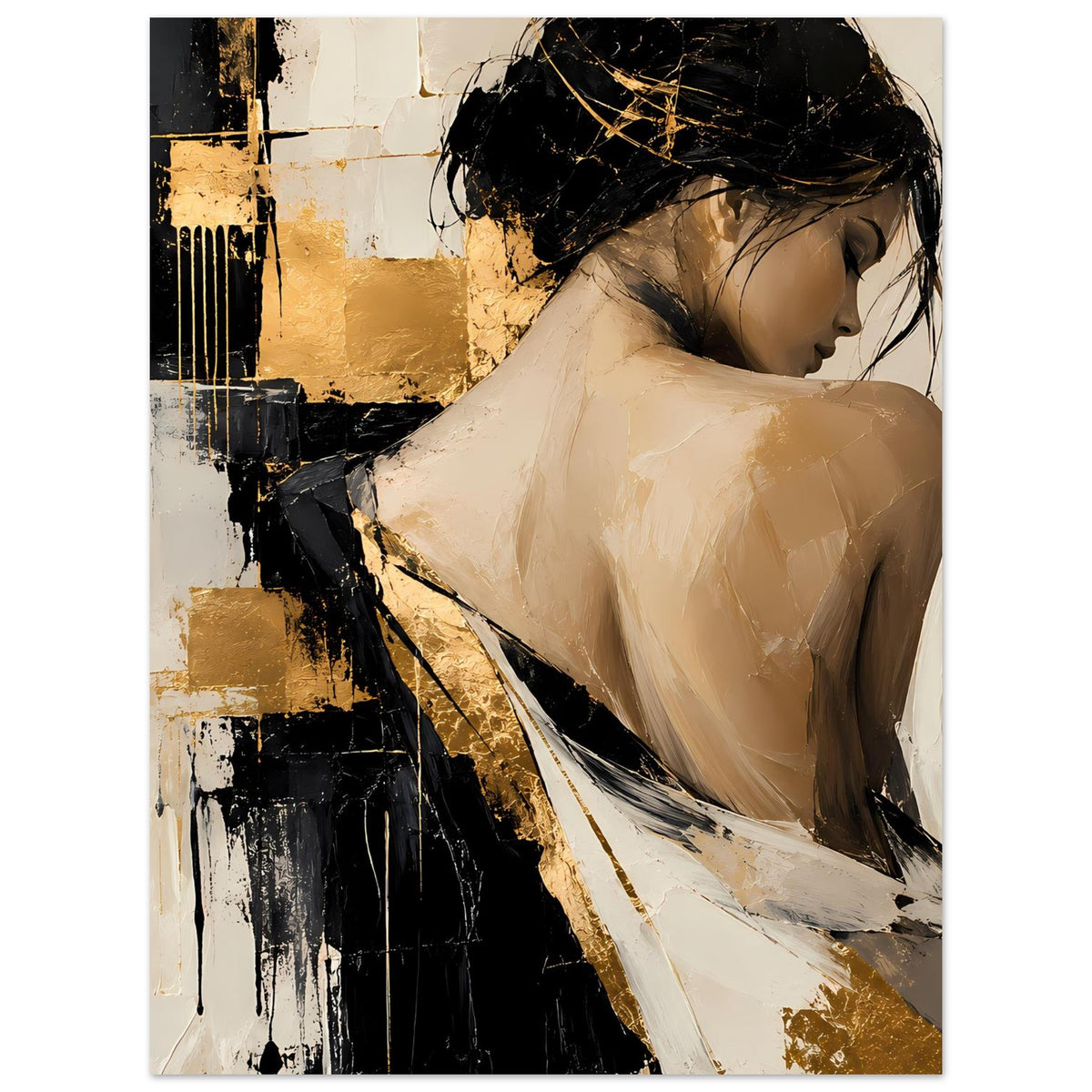 Abstraktes Damenportrait-Poster mit Frau im Profil, goldene Akzente, schwarze Flächen, Beige