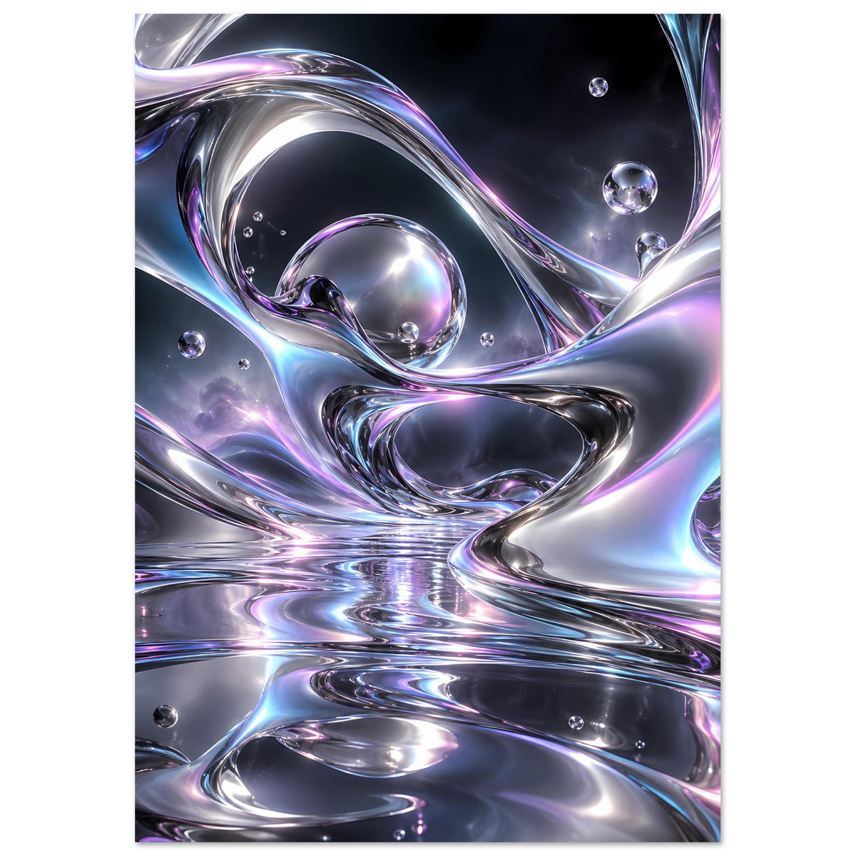 Liquid-Chrome Poster mit chromglänzenden Kurven und mehreren kleinen Glaskugeln