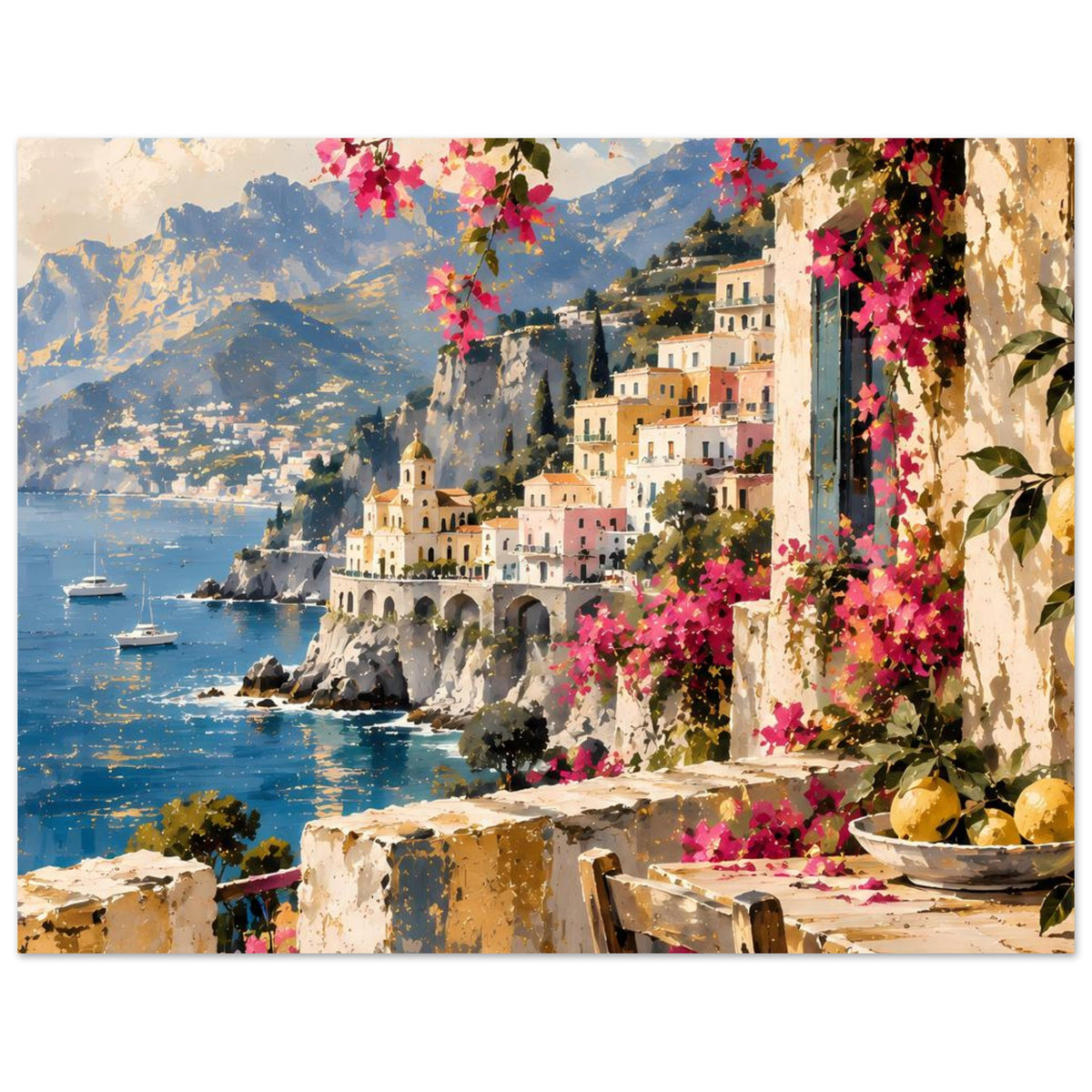 Mediterranes Küstenposter (querformat): Küste mit Booten, Berge im Hintergrund und blühende Ranken.