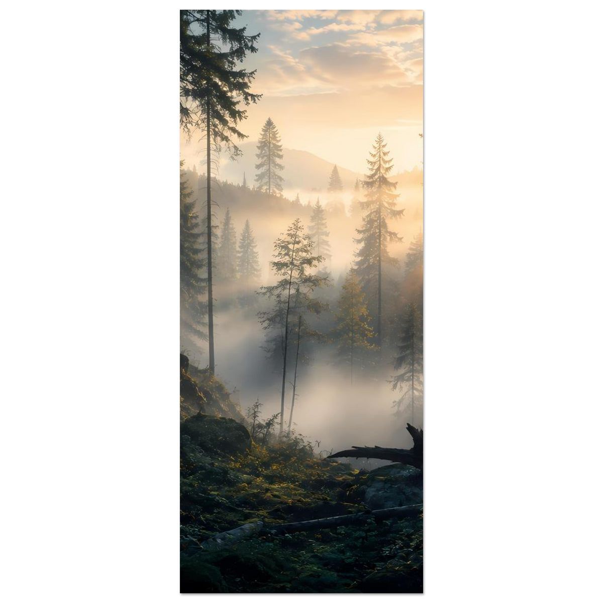 Hochformat-Poster Wald bei Sonnenaufgang mit Tannen, Nebel und tief stehender Sonne auf mattem Papier