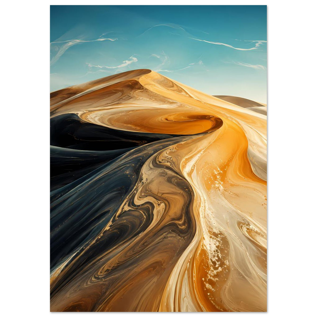 Abstraktes Wüstenwellen-Poster im Hochformat mit goldenen Wellen und dunklen Sandflächen