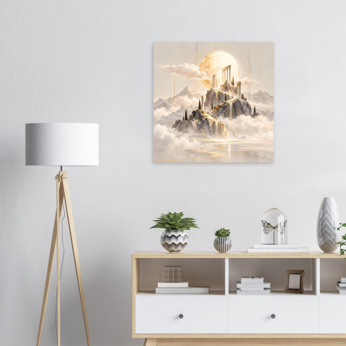 Wandposter: goldener Tempel zwischen Bergen, umgeben von Wolken und Lichtkreis