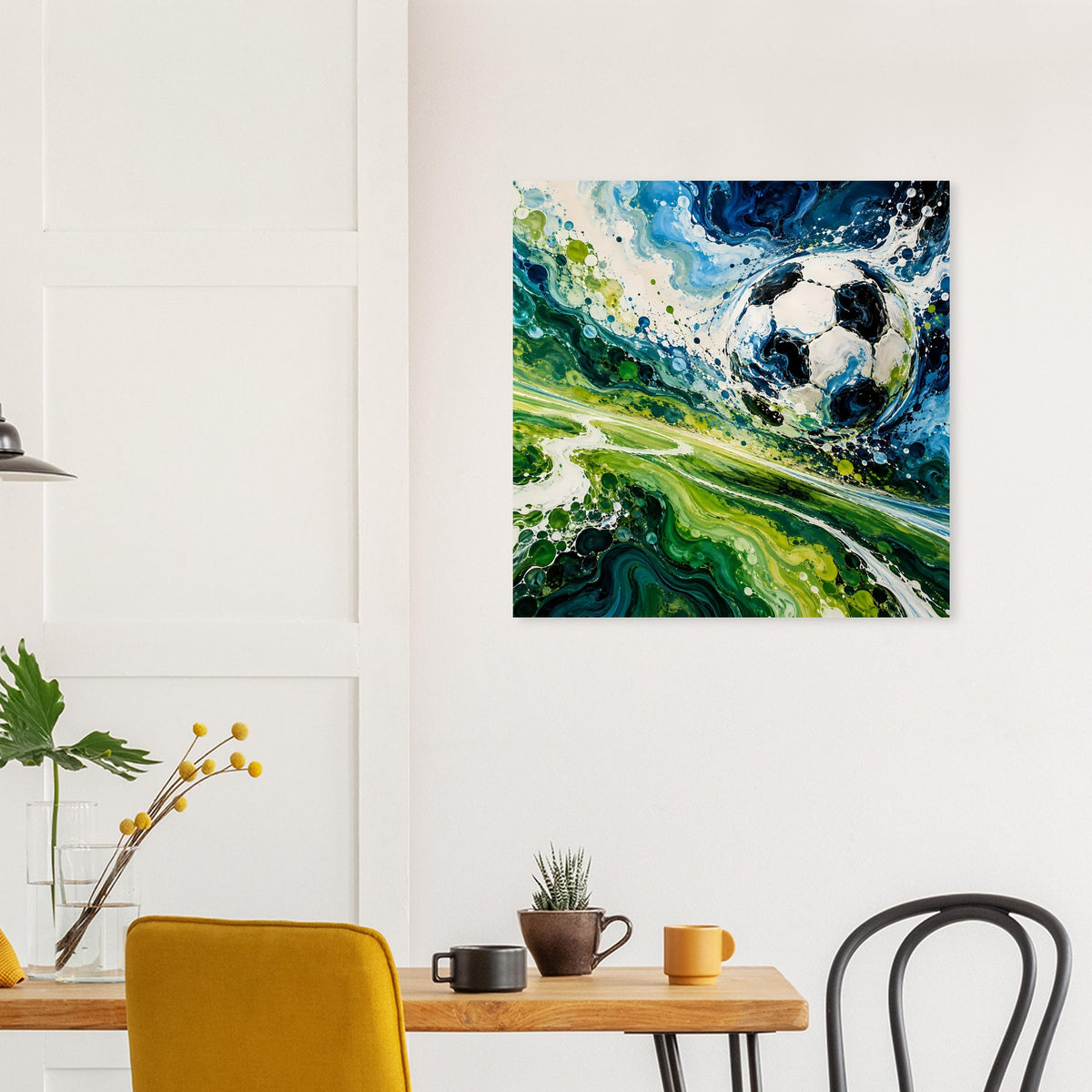 Quadratisches Fußball-Poster mit abstraktem Ball, Blau, Grün und Spritzdetails