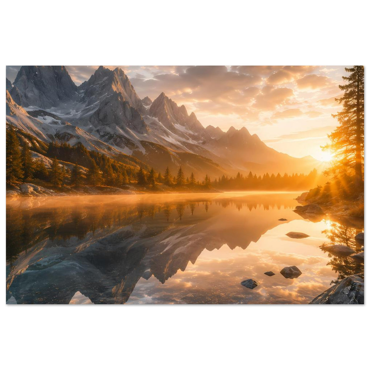 Sonnenbeschienenes Bergsee-Poster im Querformat: Bergkette und ruhiger, spiegelnder See