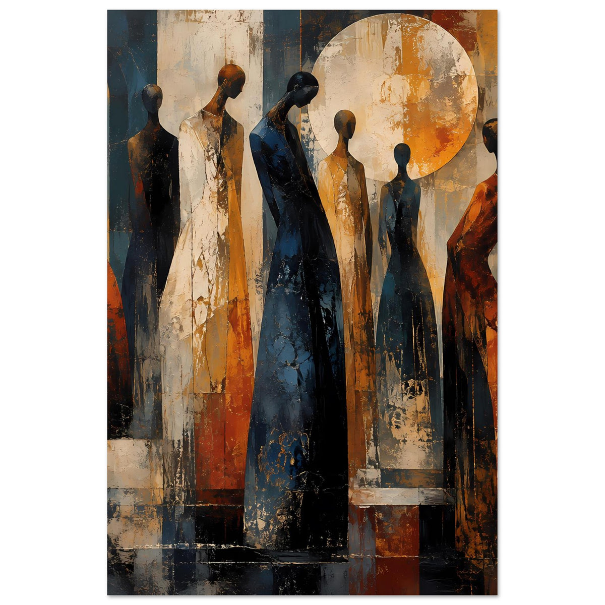 Kunstposter mit abstrakten Figuren, warmes Orange, Blau und Beige, großer Kreis oben