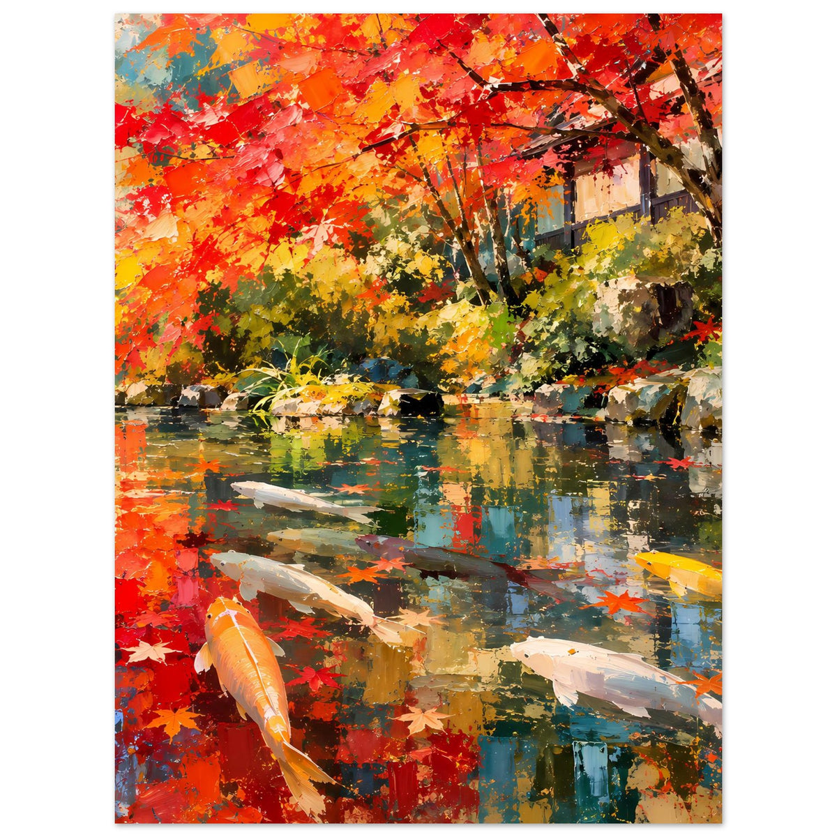 Kunstposter: Koi im Herbstteich vor bunten Laubbäumen, kräftige Rottöne