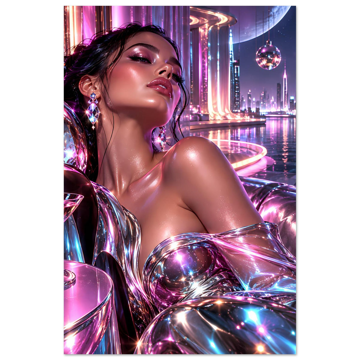 Neon-Poster im Hochformat mit Frau in glänzendem Outfit und lila Spiegelkugeln