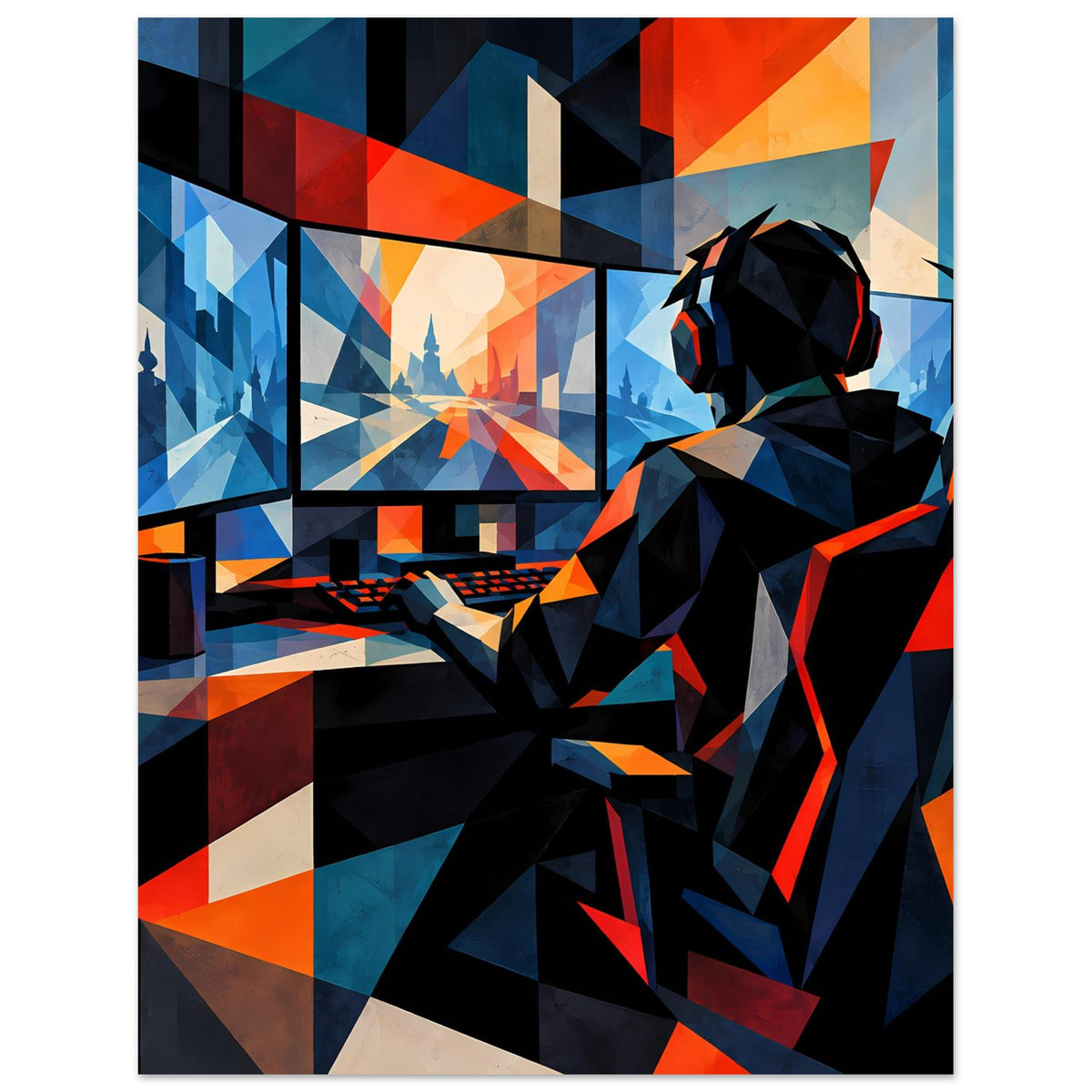 Gaming-Poster mit Gamer-Profil und Headset, geometrische Hintergründe in Blau/Orange
