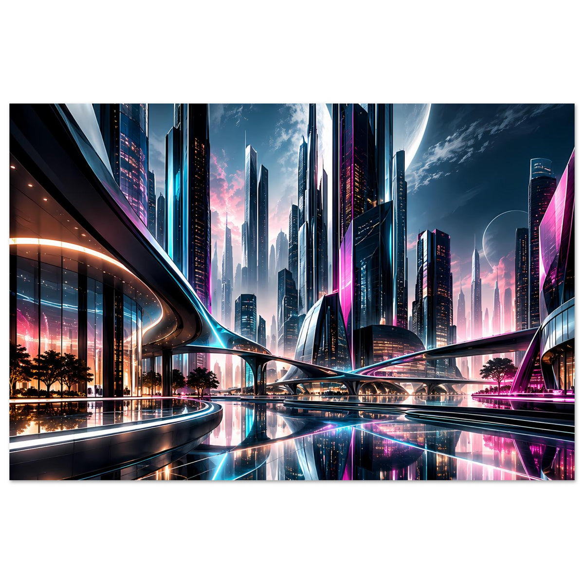 Neon-Stadt-Skyline-Poster mit blauer Raumstimmung, Türmen, Brücken und Spiegelungen