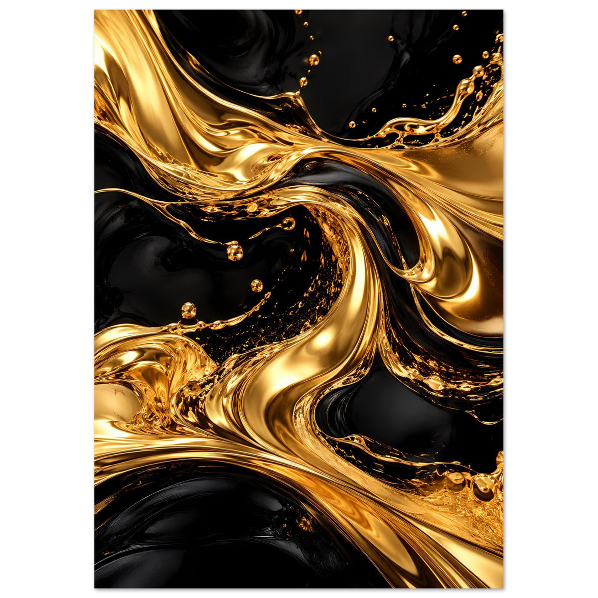 Abstraktes Luxusposter mit goldener Tuschstruktur und fließenden Formen auf tiefem Schwarz