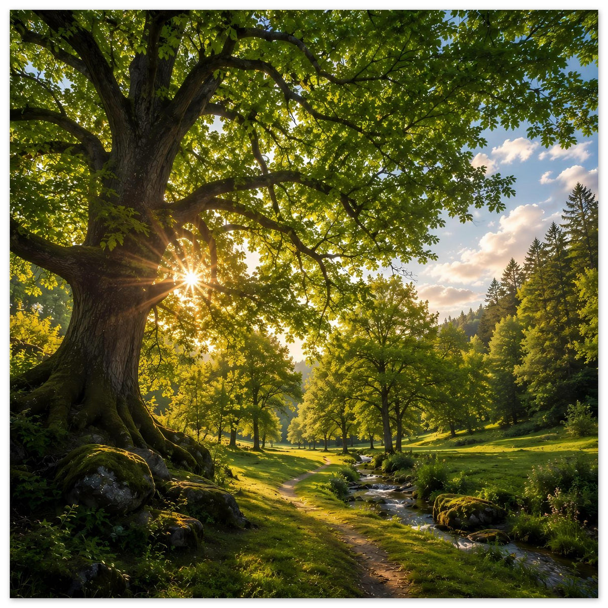 Horizontales Poster mit Waldweg, Sonnenstern am Baum und dichtem Blätterdach