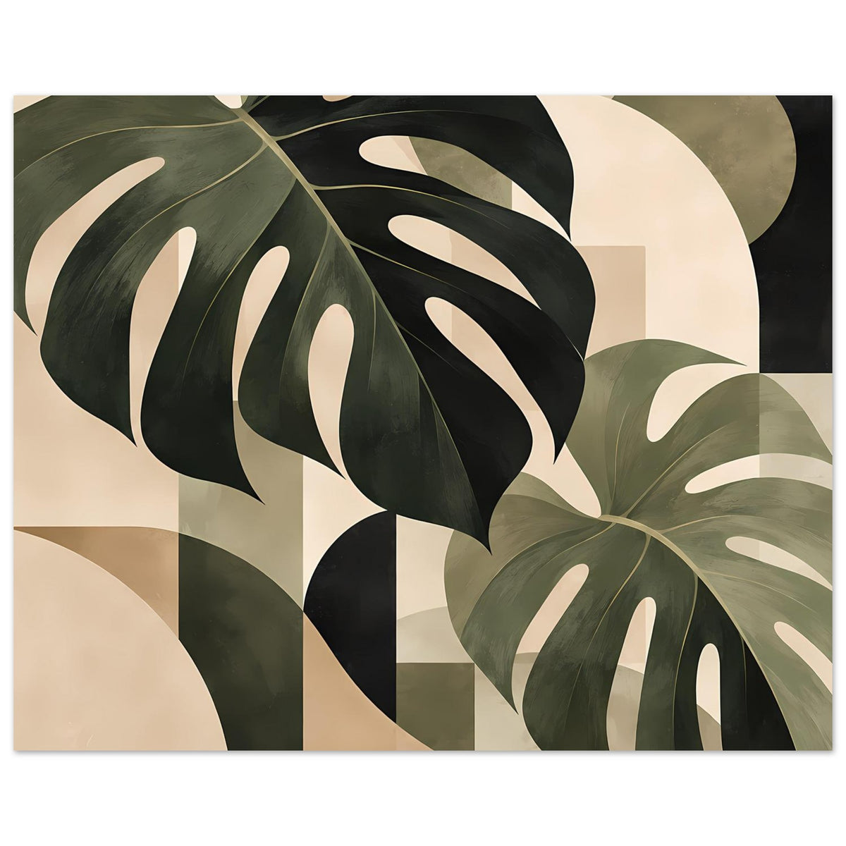 Botanikposter mit Monstera-Motiv: dunkle Blattformen, Salbeigrün und beiger Grundfläche