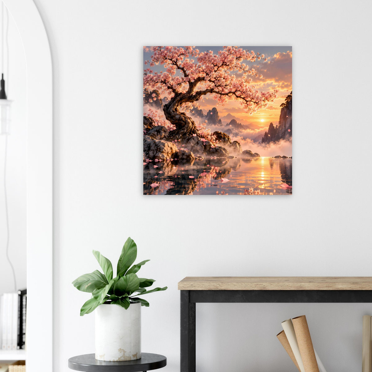 Quadratisches Poster mit Kirschblütenzweigen, Sonnenuntergang und reflektierender Flusslandschaft