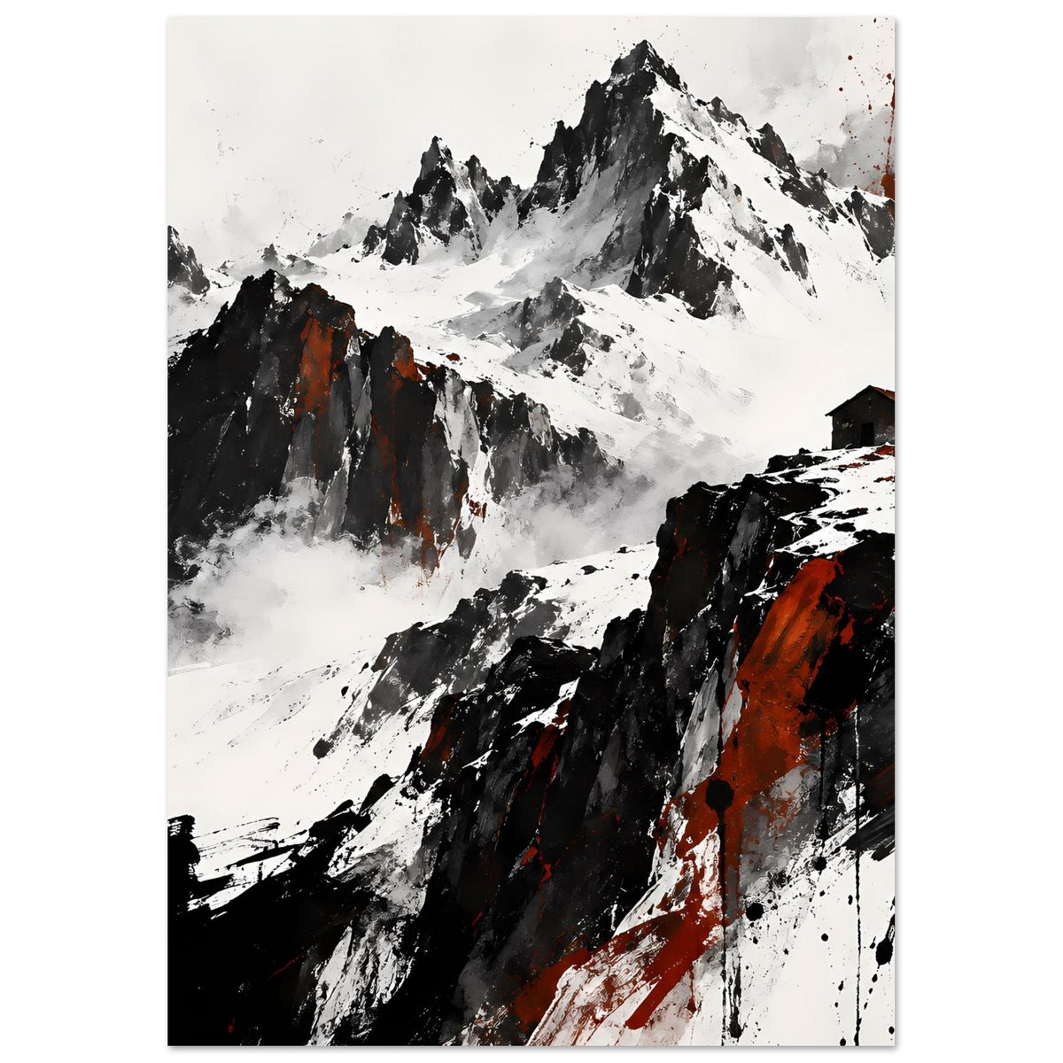 Vertikales Wandposter mit Gebirgslandschaft in Schwarz, Weiß und kräftig orangefarbenen Details