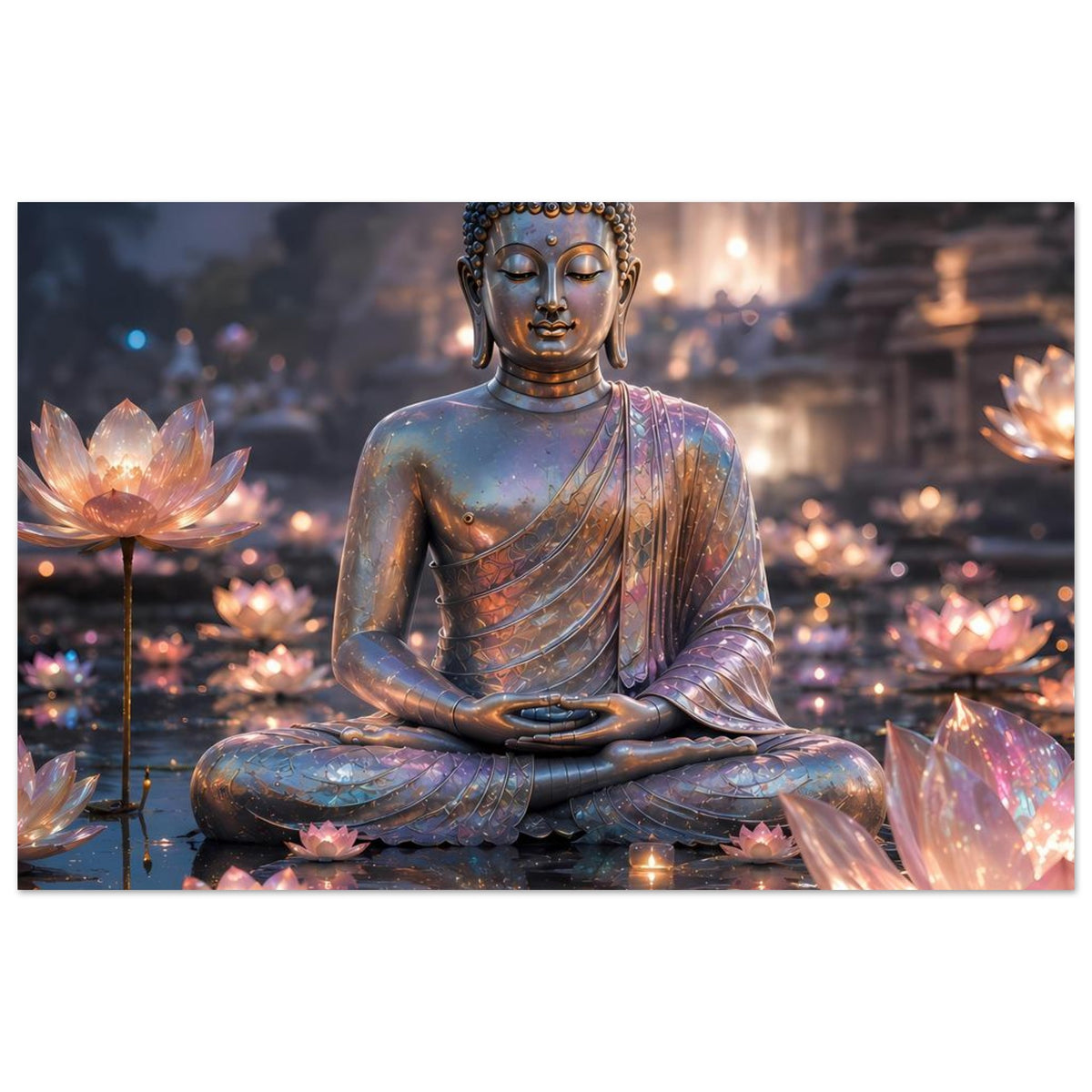 Buddha-Meditationsposter (horizontal): Buddha-Sitzfigur und Lotusblüten mit warmen Lichteffekten