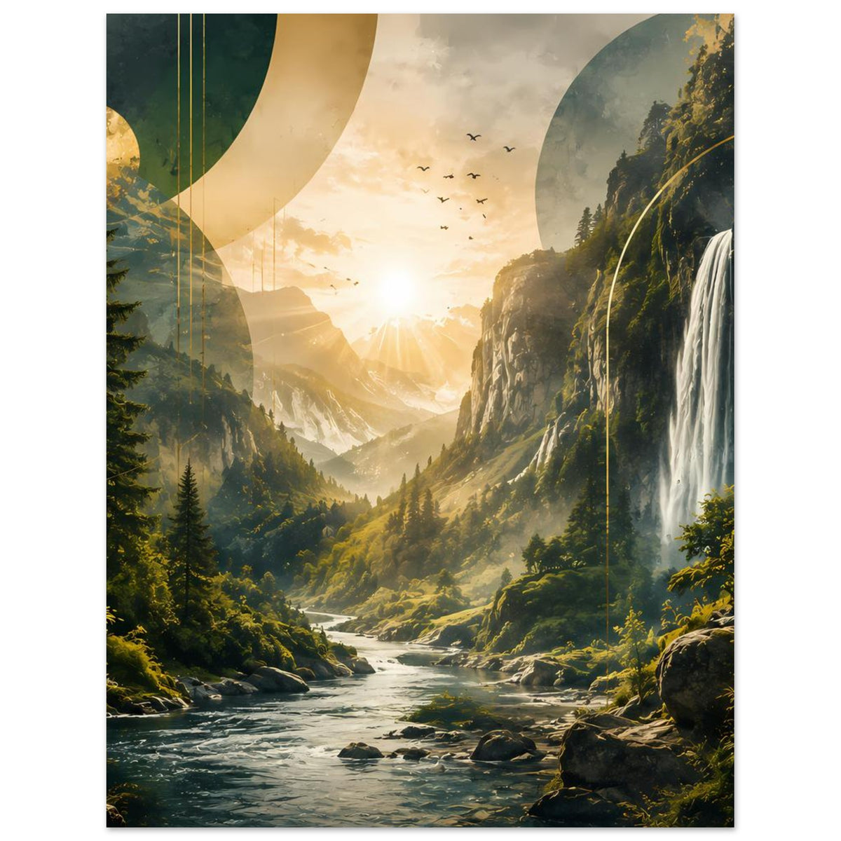 Landschaftsposter im Hochformat mit Fluss, Felsen, Wasserfall und warmem Licht