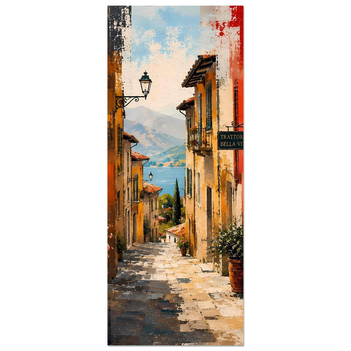 Vertikales Poster mit mediterraner Gasse, orange-rote Häuserfronten und heller Weg