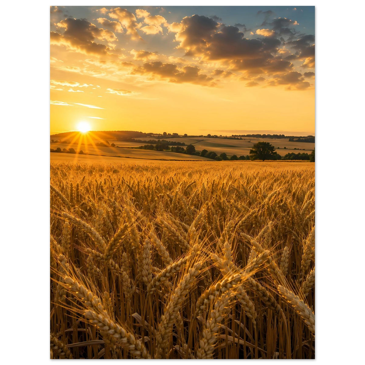 Poster im Hochformat mit goldenen Weizenähren und Sonnenaufgang über Feldern