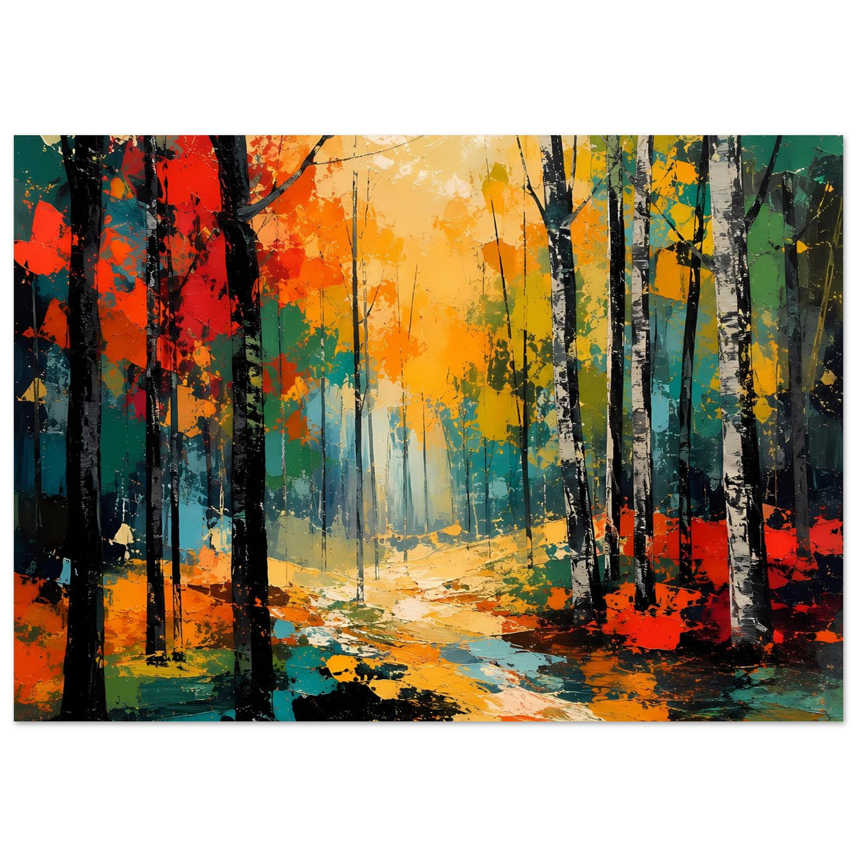 Herbstwald-Poster: kräftige Farben, hohe Bäume mit Spritztechnik und Weg durch den Wald