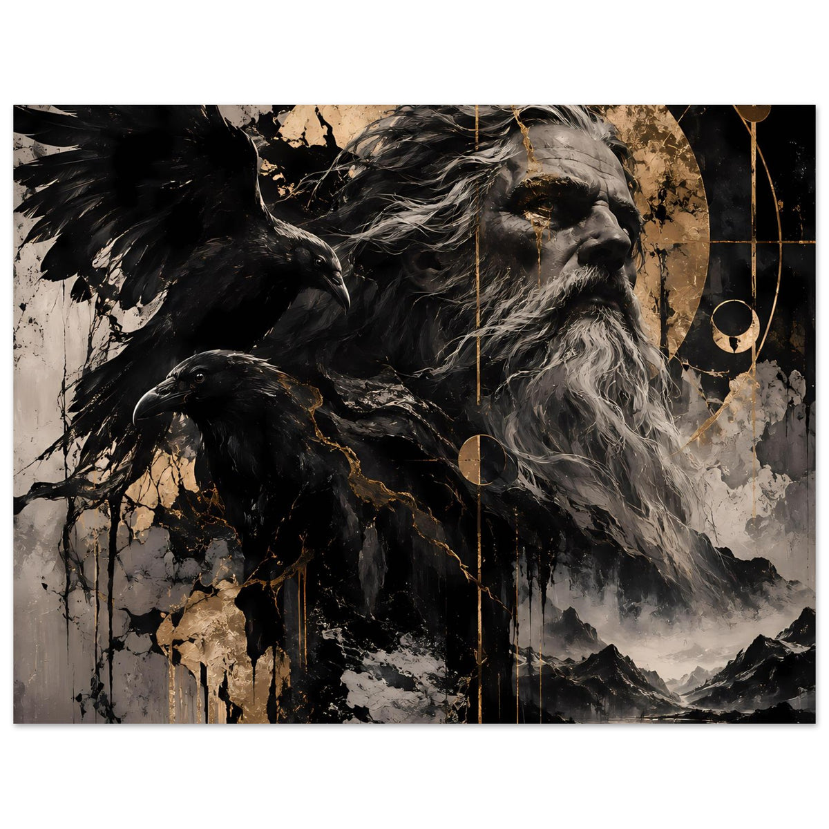 Horizontales Poster mit nordischem Gott und Raben, Bartdetails in Grau, goldene Kreiselemente