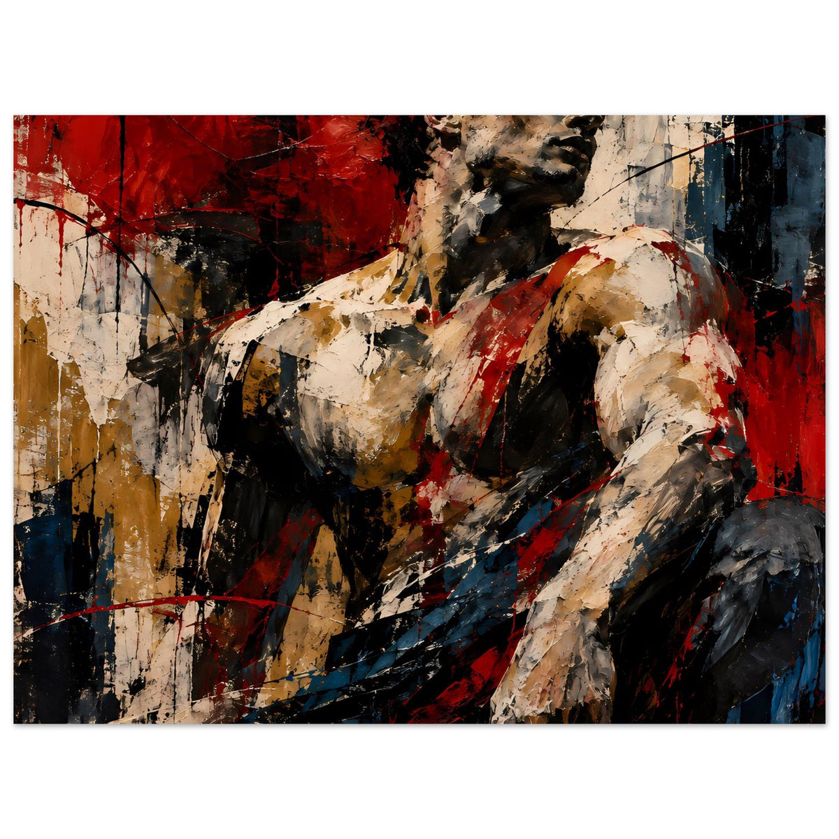 Abstraktes Kunstposter mit muskulösem Oberkörper, Texturdetails in Rot, Blau und Schwarz, querformat