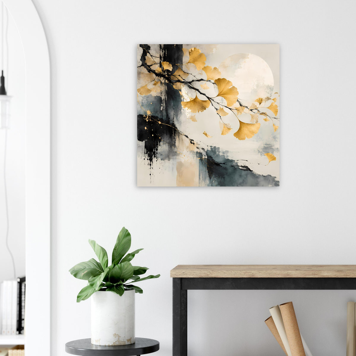 Kunst-Poster mit goldenem Gingkoblatt, Aquarellhintergrund in Beige und Grau-Blau