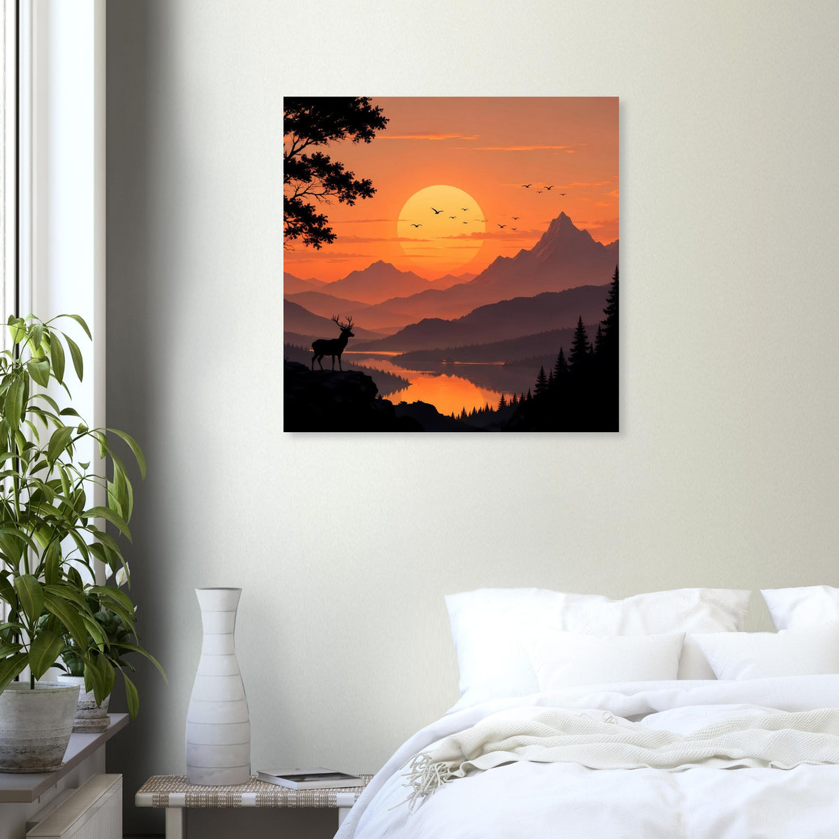 Quadratisches Poster mit Hirschsilhouette, großer Sonne, Bergen und Bergsee zur Abendzeit