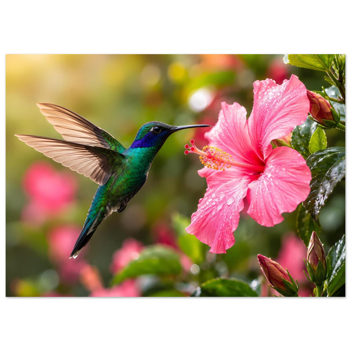 Naturposter mit Kolibri im Flug und pinkem Hibiskus, rechteckig im Querformat