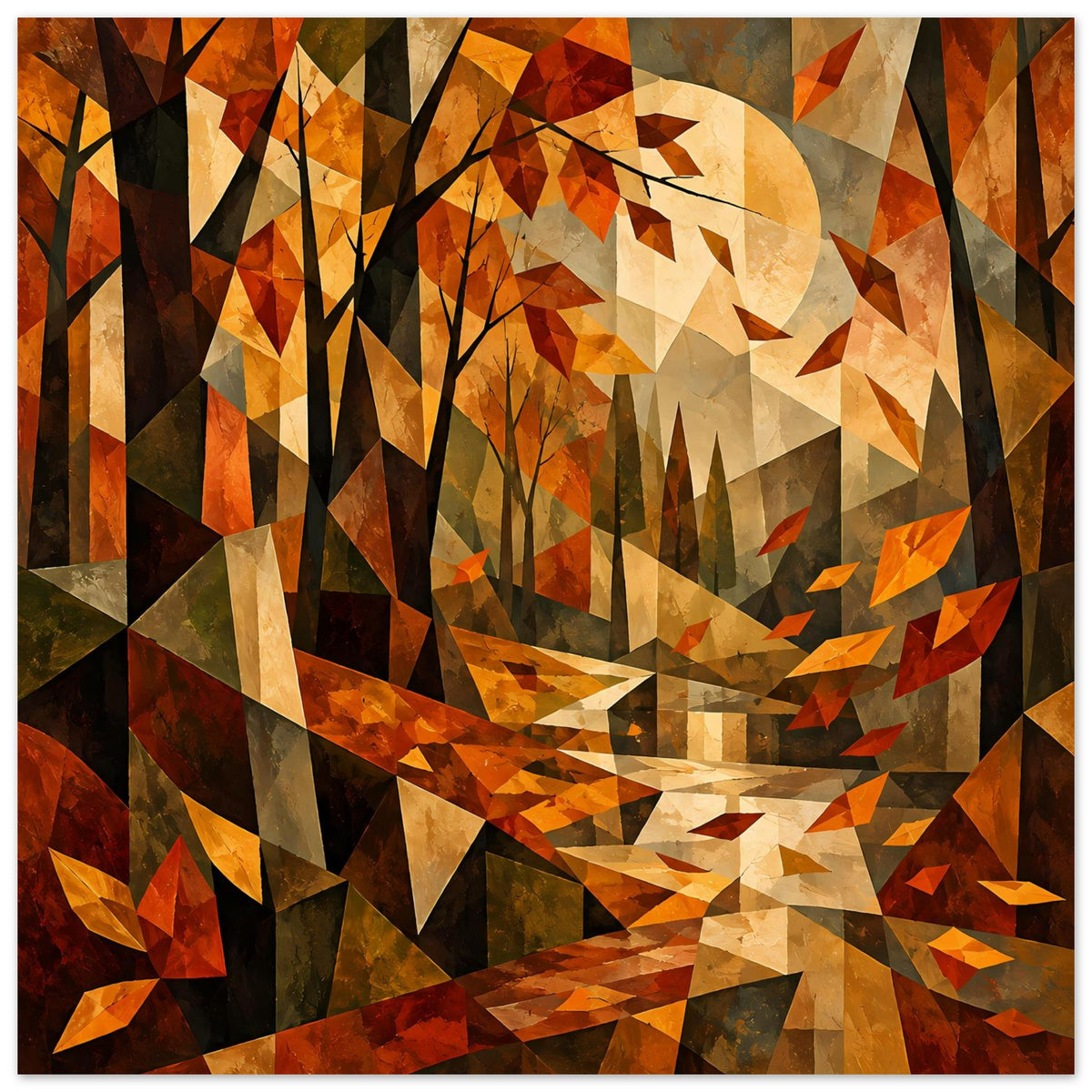 Herbstlandschafts-Poster im Kubismus-Stil mit kaktusartigen Formen, goldener Mondsichel im Herbst