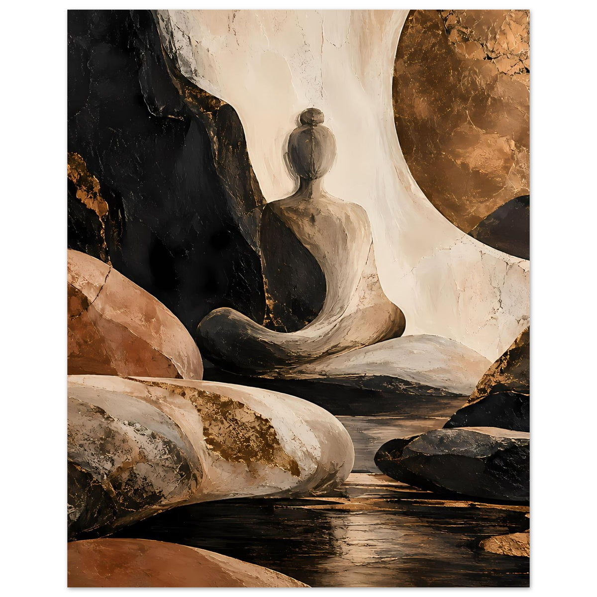 Abstraktes Poster, vertikal: meditierende Figur zwischen schwarzen und beigen Felsen, matt