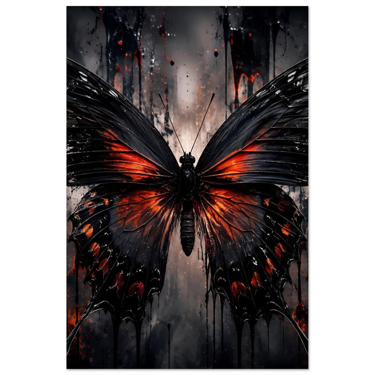Schmetterlingsposter im Hochformat: schwarzer Schmetterling mit orangefarbenen Flammenakzenten