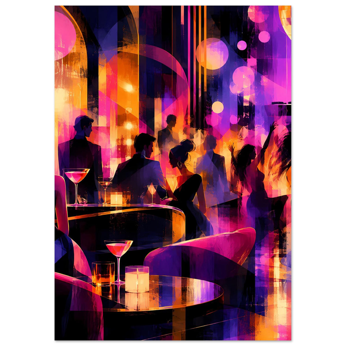Nachtleben-Poster, Party-Szene mit Personen, Bar und Drinks in Pink, Lila und Orange.