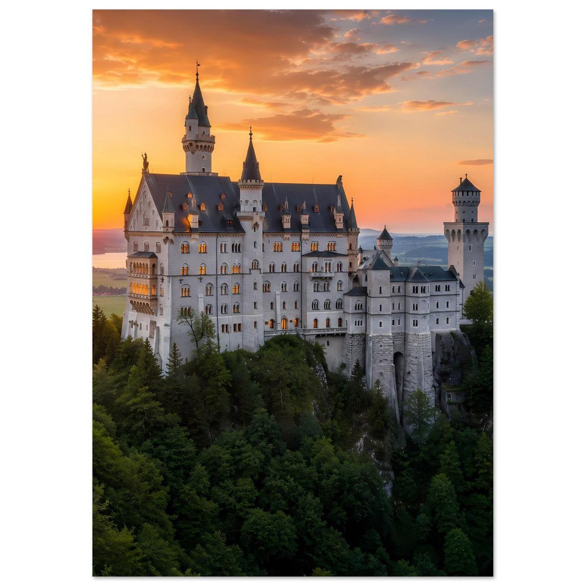 Poster mit großem Schlossbau, Türmen und Sonnenuntergang über dem Wald