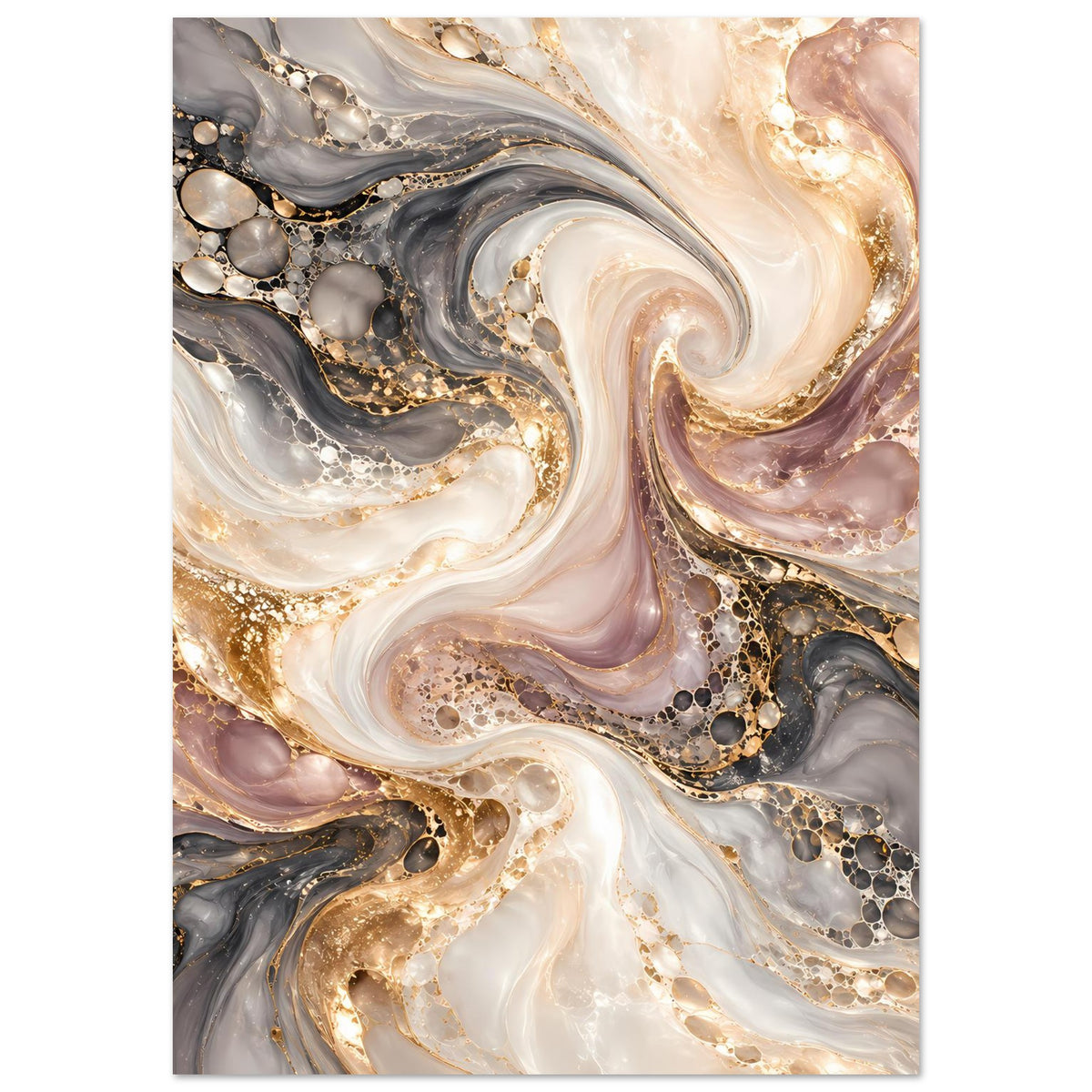 Vertikales Marmor-Poster mit abstraktem Swirl-Muster, goldenen und grauen Akzenten
