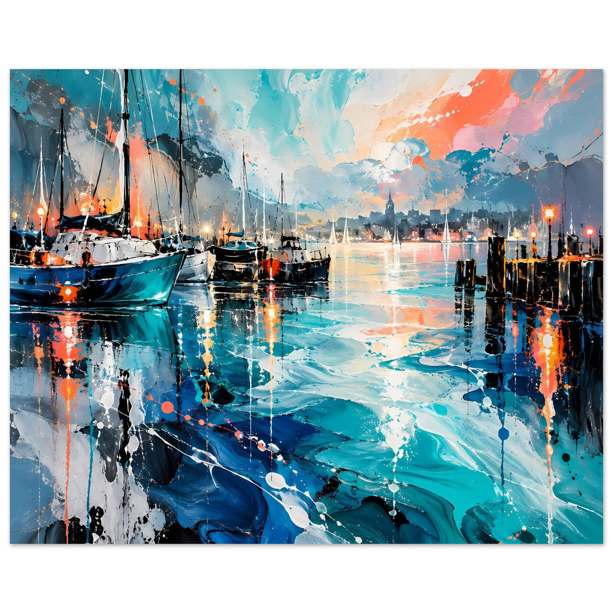 Hafenposter mit Segelbooten und spiegelnden Lichtern, abstrakte Blau-Türkis-Akzente