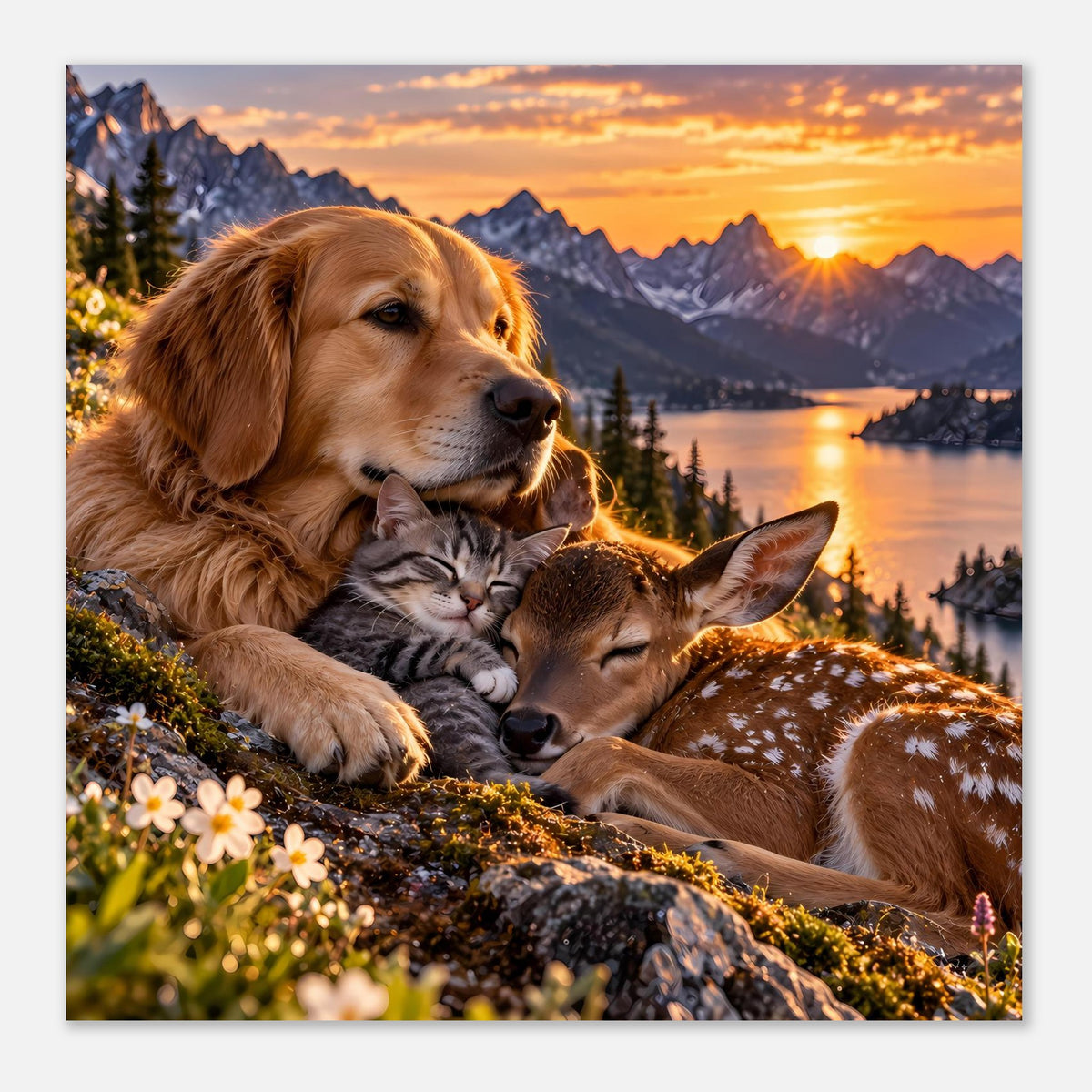 Quadratisches Poster: goldener Hund kuschelt mit Katze und Reh bei Sonnenuntergang